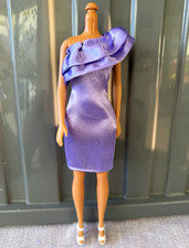 Barbie Doll Outfit Purple One-Shoulder Special Occasion Dress & White Heels 2pc 