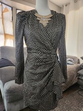 Express Geometric Wrap Dress Ruched Black White V-Neck Puff Sleeve Short Size 8