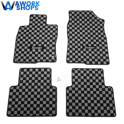 Fits 16-21 Honda Civic Floor Mats Carpet Black Gray Checkered 4PCS w/ Sedan