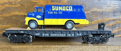 #ad Menards Pennsylvania Railroad Flat Car With Sunoco Fuel Truck #9956 O Gauge $30.00