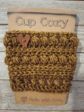 crochet-handmade-coffee-cup-drink-cozy-sleeve-heart-button-gold-heather-1pc-new