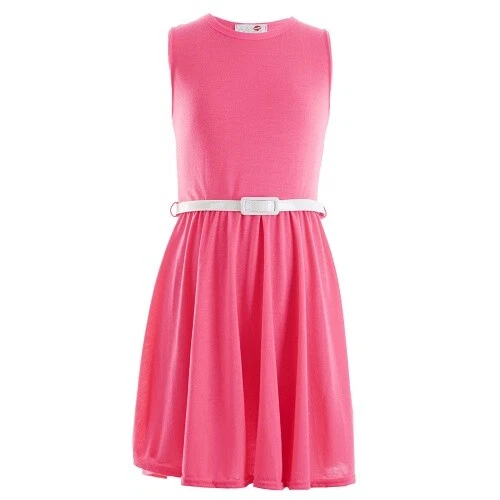 NEW GIRLS NEON PINK SKATER PARTY DRESS BELT SUMMER AGE 5 6 7 8 9 10 11 12 13