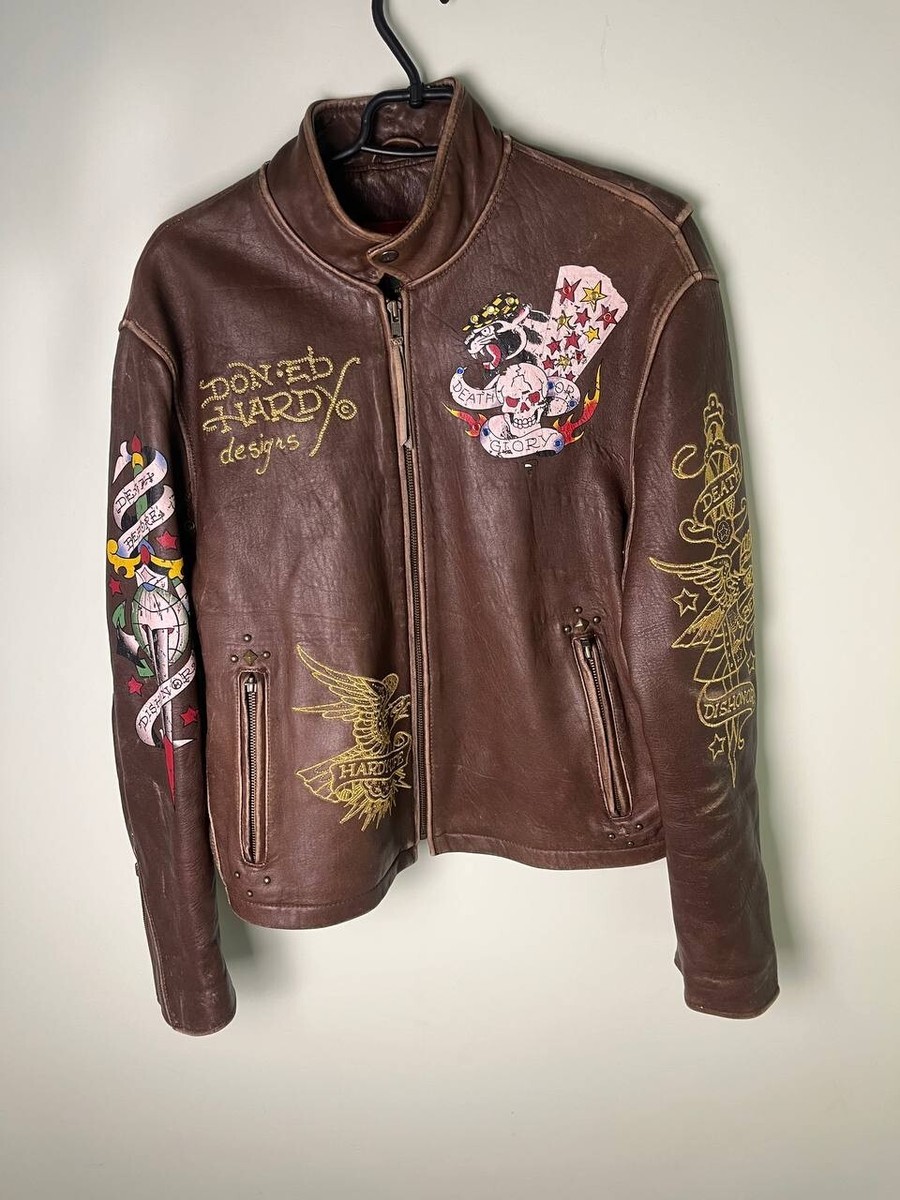 Ed Hardy Vintage Leather Death Before Dishonor Biker Jacket Size S
