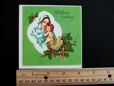 #E415- Vintage Unused Gibson Xmas Greeting Card Pretty Madonna & Child & Holly
