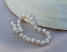 AAA 10-9mm Real Natural Akoya White Pearl Bracelet 7.5-8" 14k White Gold Clasp