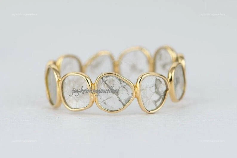 Anel de ouro 14K Polki diamante pulseira da eternidade conjunto de moldura feita à mão anel de propósito delicado - Imagem 3 de 4