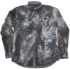NWT Affliction Long Sleeve Collared Button Up Flaming Skulls Shirt Men's Large