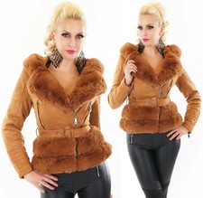 Damen Jacke Wildleder Optik Kunstfell Webpelz Kapuze gefüttert Teddyfutter S-XL