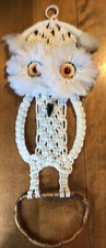 vtg mcm 1970  s white macrame owl towel holder bamboo ring wall hanging 28"