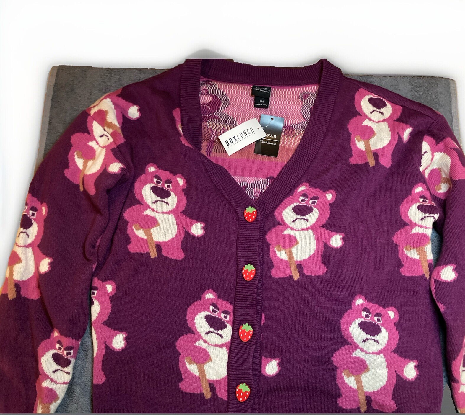 Disney Pixar Toy Story Her Universe Purple SM Cardigan Sweater Lotso Bear NWT