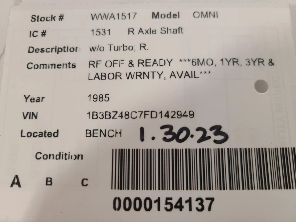 Eje de transmisión derecho usado se adapta a: Dodge Omni 1985 grado derecho A Foto 4 de 4