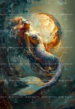 SURREAL MOON MERMAID ART PEINT, Fairycore, Siren Poster Fantasy Sky Moon D681