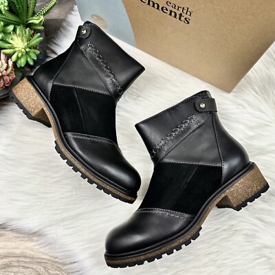 NIB Earth Elements Taylen Boot Bootie Lug Sole Patchwork Black Leather 8M