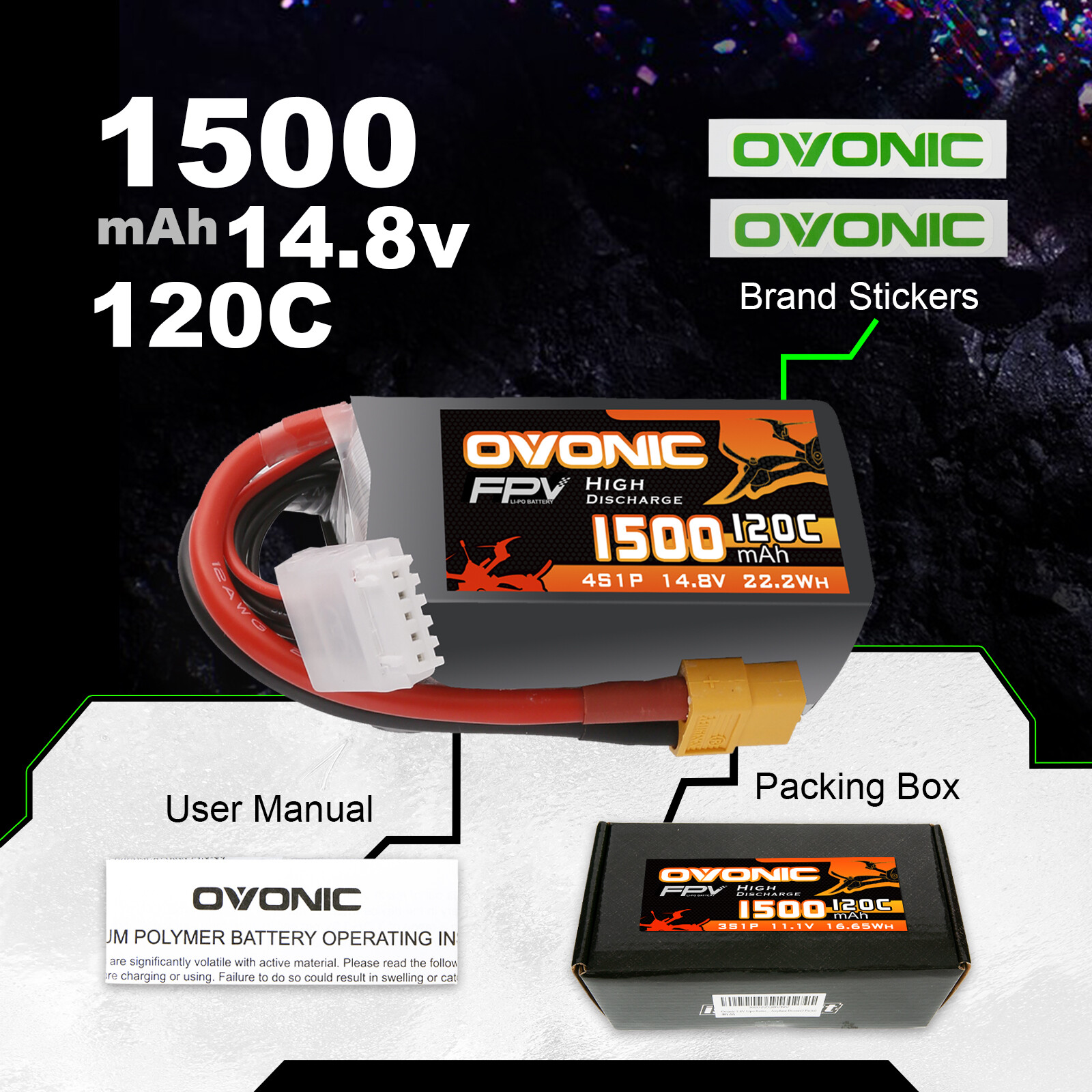 2X Ovonic 4S 1500mAh LiPo Battery 14.8V 120C For RC Drone 5" quad FPV Nazgul5 V2