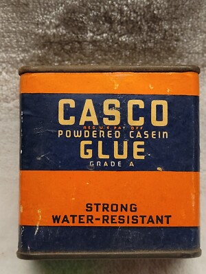 VINTAGE CASCO POWDERED CASEIN GLUE PAPER LABEL TIN PARTIAL CONTENTS