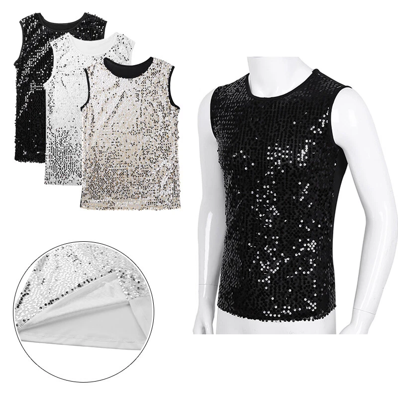 Mens T-shirts Slim Fitted Tank Top Crew Neck Vest Sequin Tee Fashion Clubwear - Image 3 of 4