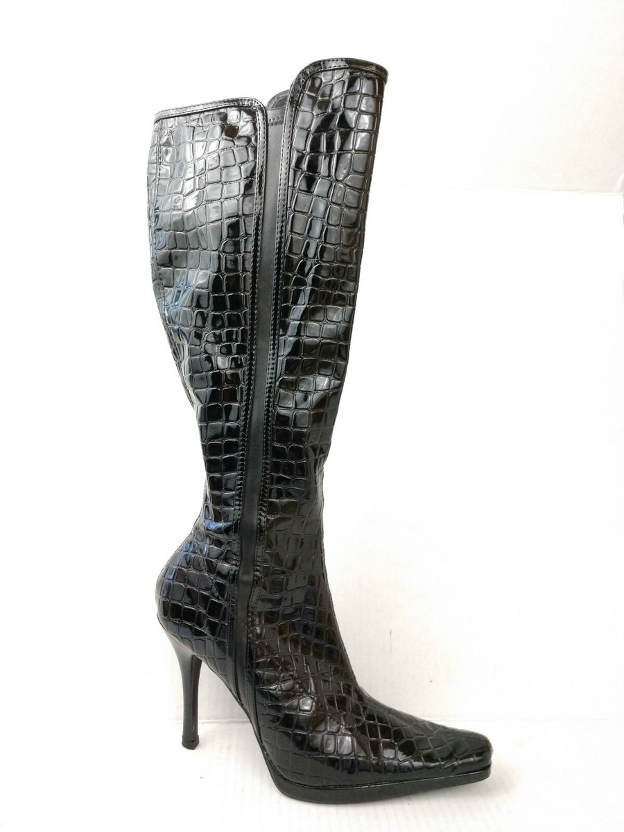 CL Laundry Womens M Black Croc Knee High Boots Zip Pointed Toe Stiletto  Heels