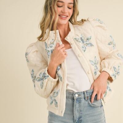 Bohemian Cottagecore Quilted Jacket With Floral Patchwork Vanilla Cream Size M