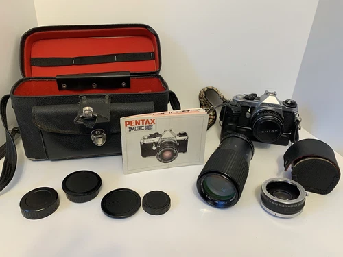 Vintage 1982 Pentax ME SUPER Camera Set w/ Lenses, Instructions and Bag-Untested
