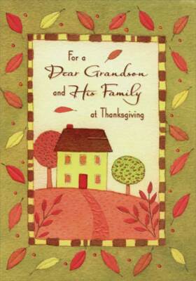 Red Path to Light Green House on Hill Thanksgiving Card for Grandson and Family