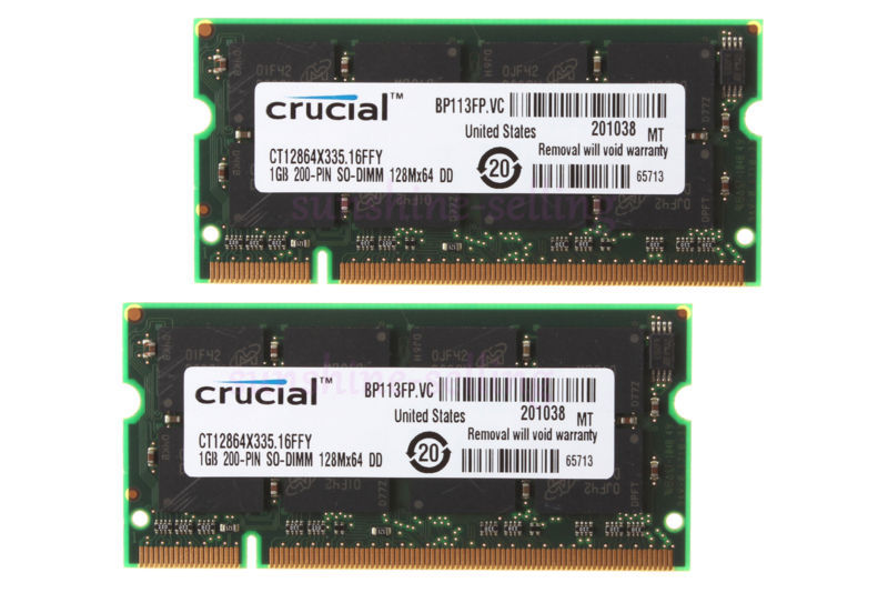 Crucial 2GB 2X 1GB DDR PC2700 DDR333MHz 200pin SODIMM Laptop Notebook Memory RAM