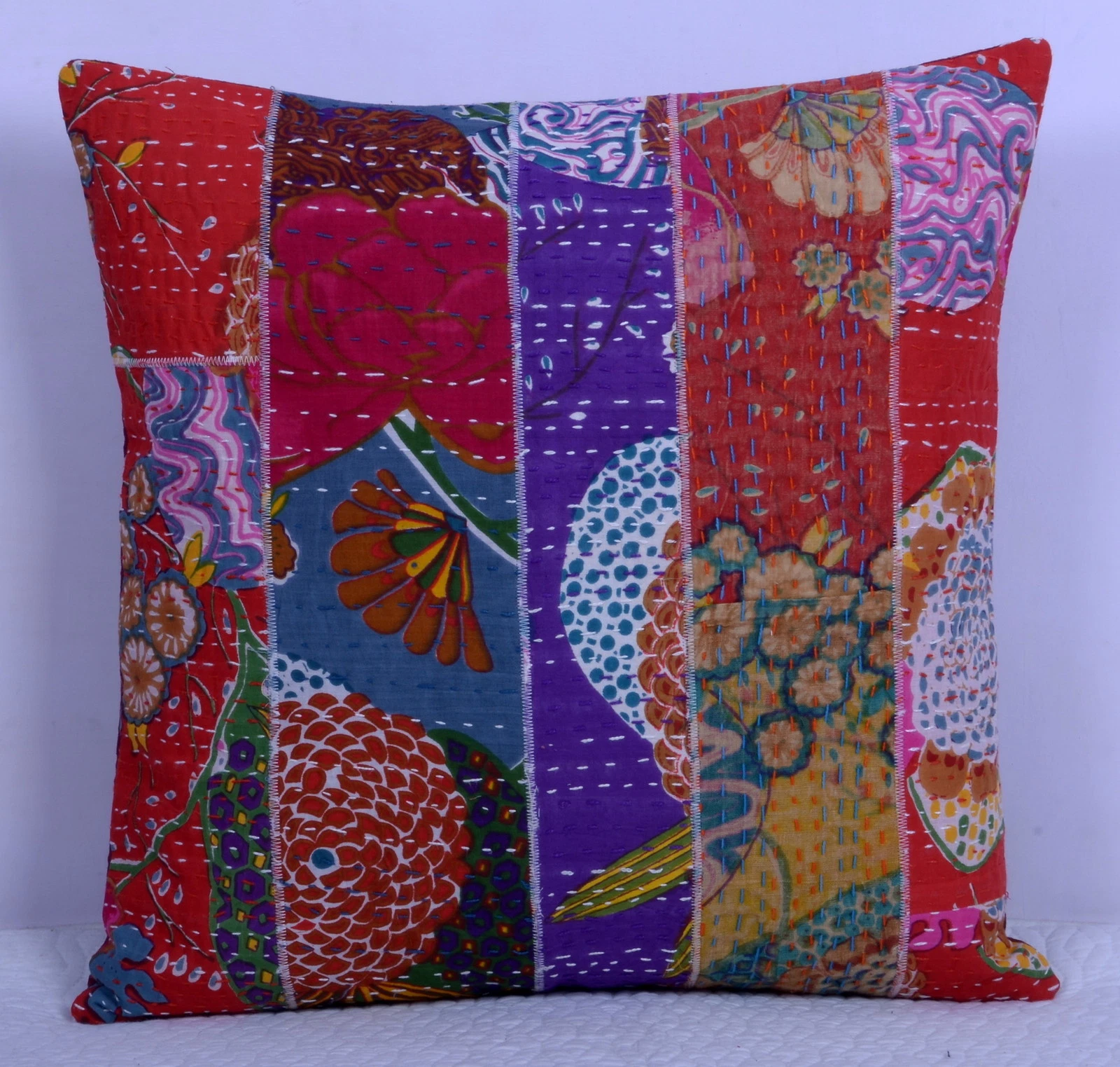 Kantha Stitch Pillow Case Throw Decor 16" Floral Design Patchwork Cushion Cover