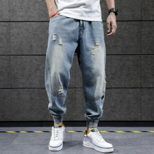 Men Hip Hop Harem Jeans Loose Joggers Denim Pants Casual Trousers Streetwear