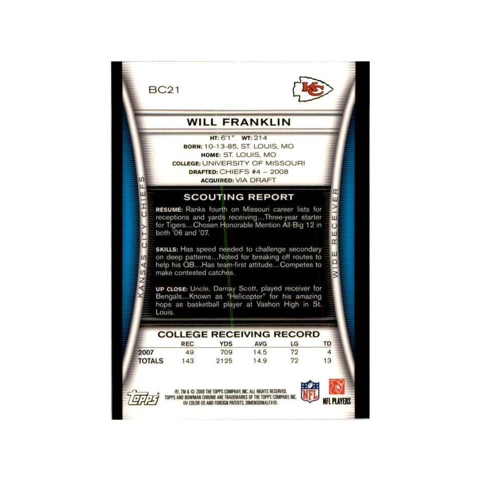 2008 Bowman Chrome Will Franklin RC Football Cards #21 - Image 2 of 3