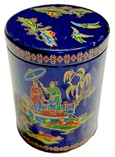 Vintage Daher English Tin Asian Pagoda Cobalt Blue Canister Made In England