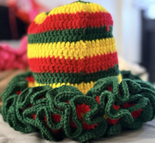Handmade Crochet Ruffle Hat Multicolor Striped Lightweight Women One Size
