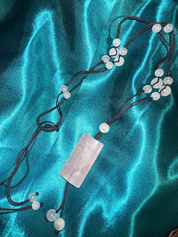 Rose Quartz Rectangle Pendant Charm Necklace, Pink Beaded, Cord Chain