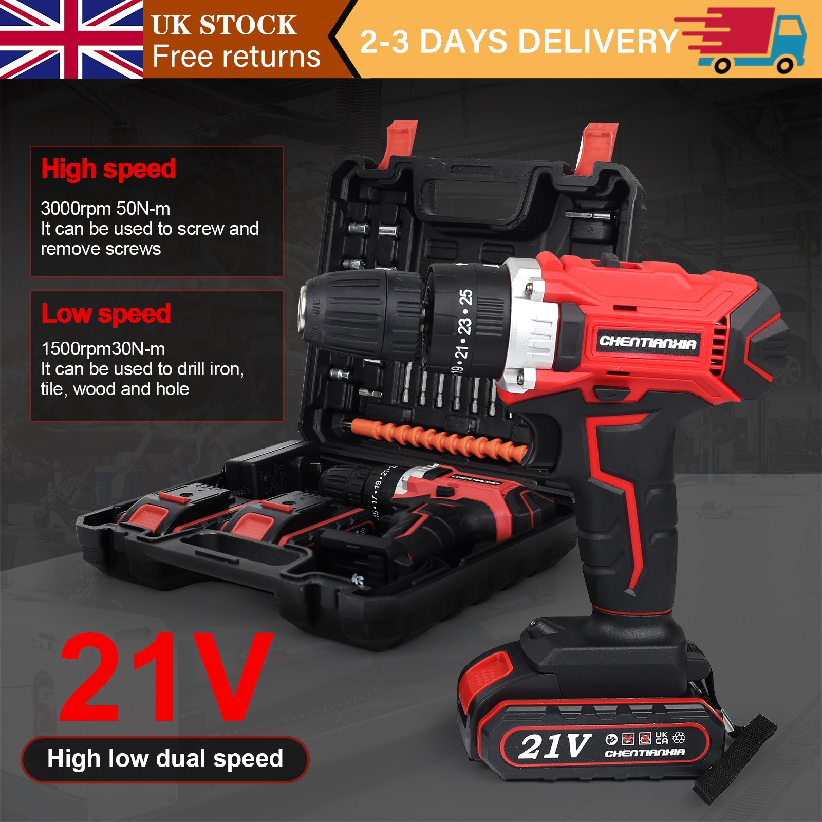 2 Battery 21V Cordless Drill Combi Driver High Power Electric Screwdriver Set UK