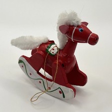1970s Taiwan Handmade Red Toy Rocking Horse Christmas Ornament Hand Painted Wood