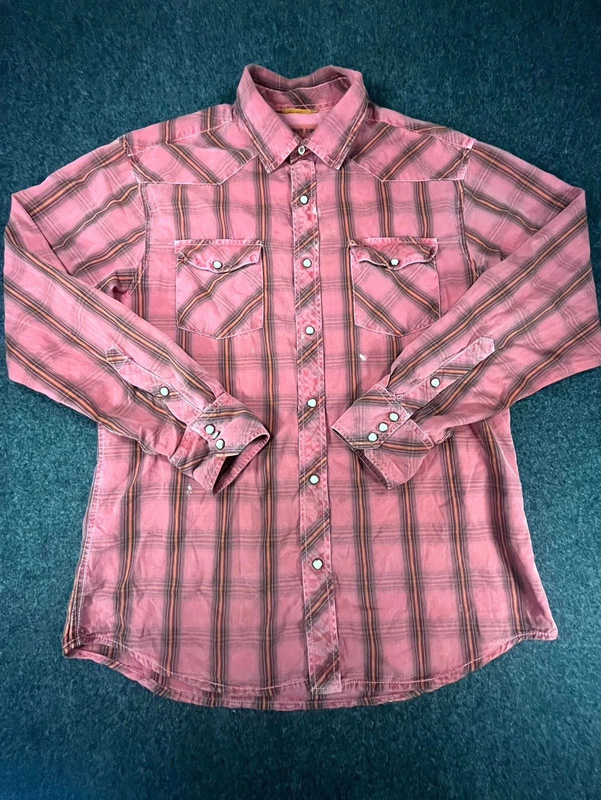 True Grit Western Shirt Mens Medium Pink Plaid Cotton Pearl Snap Ranch Cowboy