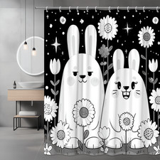 Cute Bunny Floral Shower Curtain Black White Graphic