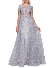 Mac Duggal Boat-Neck 3/4-Sleeve Illusion Gown with Lace Overlay Size 4 $798