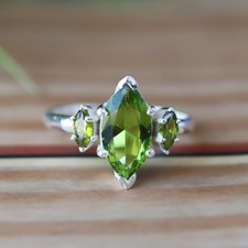 Green Peridot Ring Statement Jewelry, Marquise Cut Gemstone, Bohemian Style