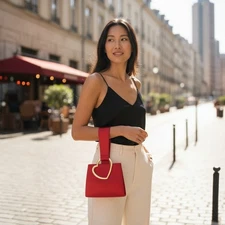 DESIGNER EDIE PARKER RED SATIN GOLD TONE HEART OPEN TOP EVENING BAG