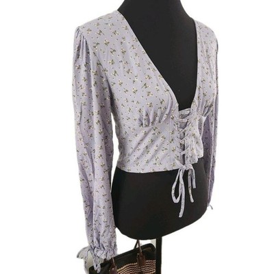 NWT Le Lis Lilac Floral Lace-Up Corset Top - Long Sleeve Puff Shoulder
