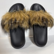 Brown Soft Faux Fur Slides Sandals Slippers Size 44 women  s 11.5 Men  s 10.5 