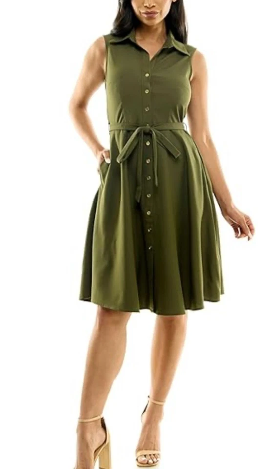 Sharagano 女式腰带迷笛连衣裙 14 码绿色无袖职业办公室服装 — 第 2/4 张图片