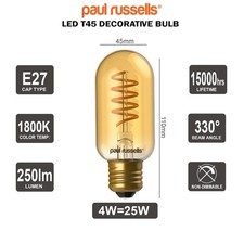T45 LED Filament 4W=25W Edison Screw ES/E27 Amber 1800K 1/6/10 Bulbs