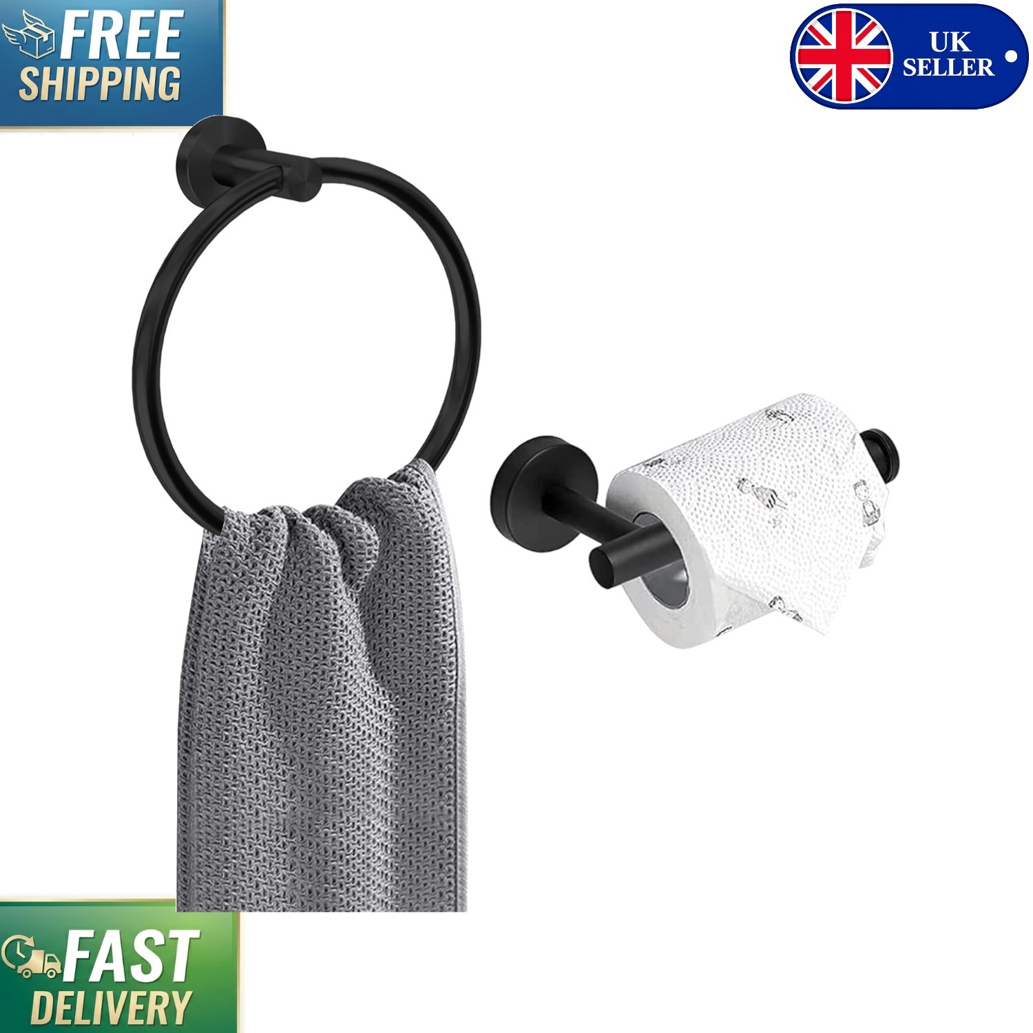 Stylish 2-Piece Bathroom Accessory Set: Toilet Roll Holder & Towel Ring in Black