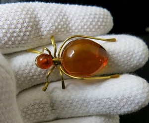 Authentic Vintage Natural Baltic Amber Beetle Brooch USSR Gold-Plated Pin 1965s