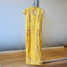 Yellow Mesh Flower Embroidered Qipao Maxi Dress - Chinese Cheongsam