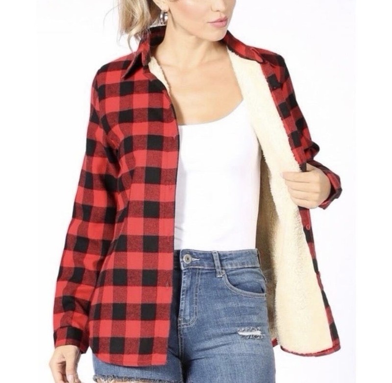 $5 Start Bid— Classic Flannel Sherpa Lined Red Black Plaid Fur Lined girls xl