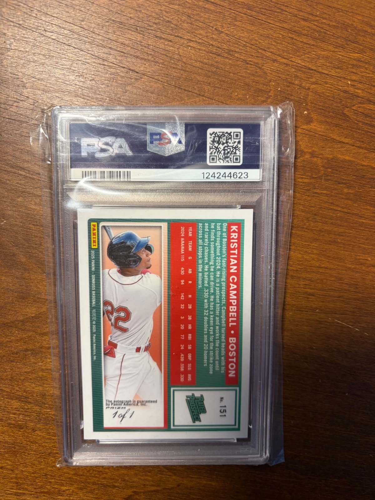 2025 Donruss Optic Kristian Campbell 1/1 Gold Vinyl Auto PSA 9 SSP Superfractor view 2