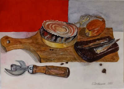 original watercolor painting ''sprats black bread cutting board can opener''   A-3