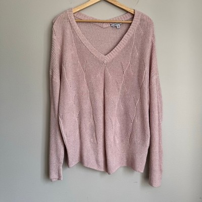 Ophelia Roe Sweater Size 1X Pink Braided Knit V-Neck Chunky Cabincore Preppy