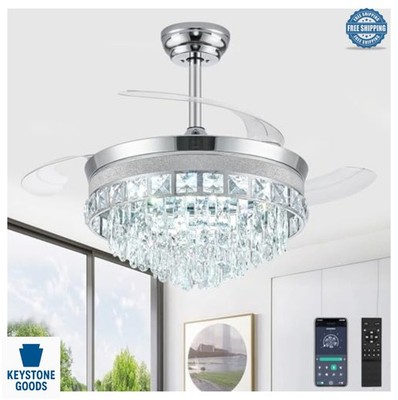 Retractable Ceiling Fan with Light 42 Inch Chrome Crystal Chandelier Remote